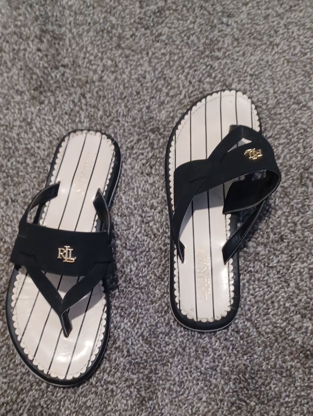 Ralph Lauren Black and White Striped Logo Thong Sandals